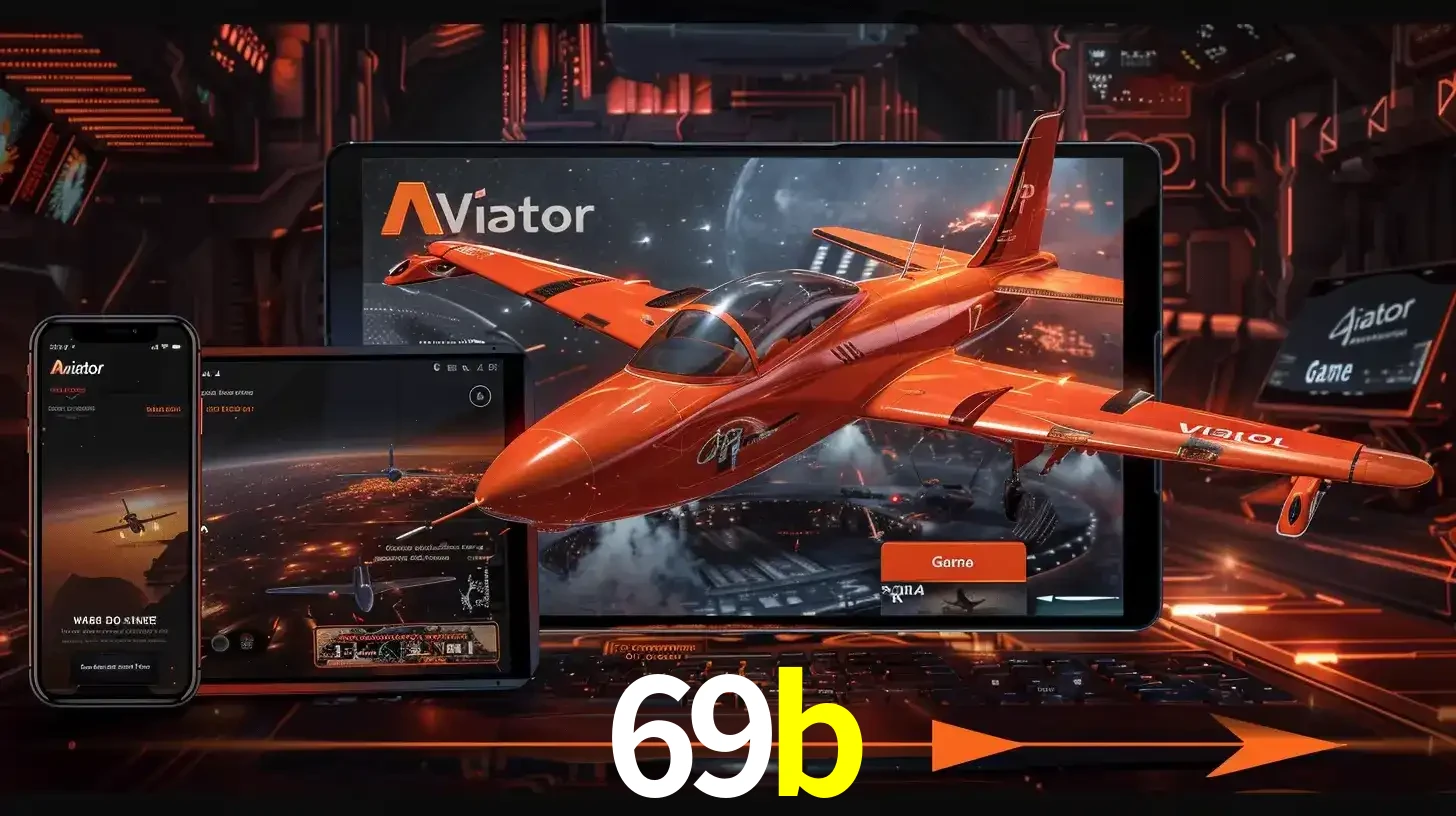 Apresentação tecnológica do jogo Aviator com um avião saindo da tela de um tablet, demonstrando a experiência imersiva em múltiplos dispositivos no 69b.