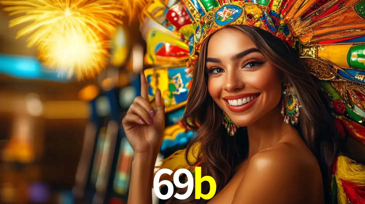 Mulher sorridente com um cocar de carnaval vibrante e colorido, celebrando uma grande vitória nos jogos do cassino 69b com fogos de artifício ao fundo.