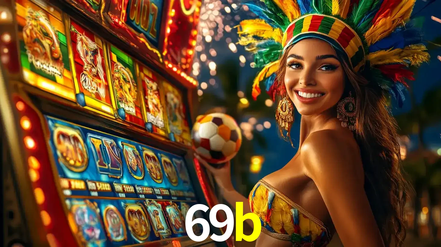 Mulher com um cocar de carnaval ao lado de uma máquina de caça-níqueis enquanto segura uma bola de futebol, mostrando a união da diversão de cassino e esportes no 69b.