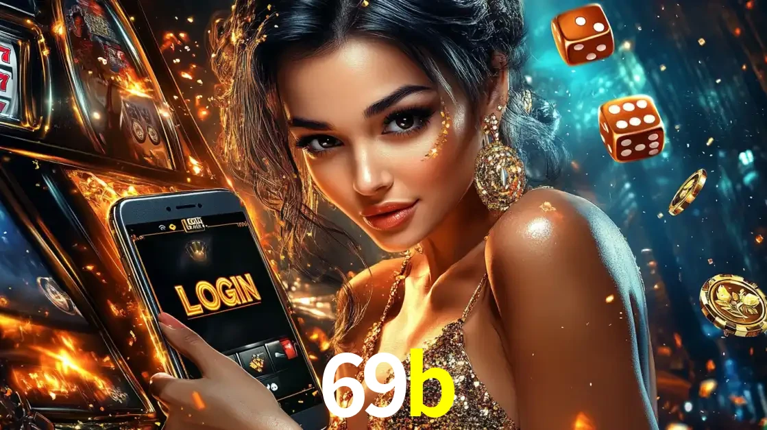 Mulher glamourosa segurando um celular com a tela de login do cassino 69b, rodeada por dados e moedas douradas, pronta para começar a diversão.