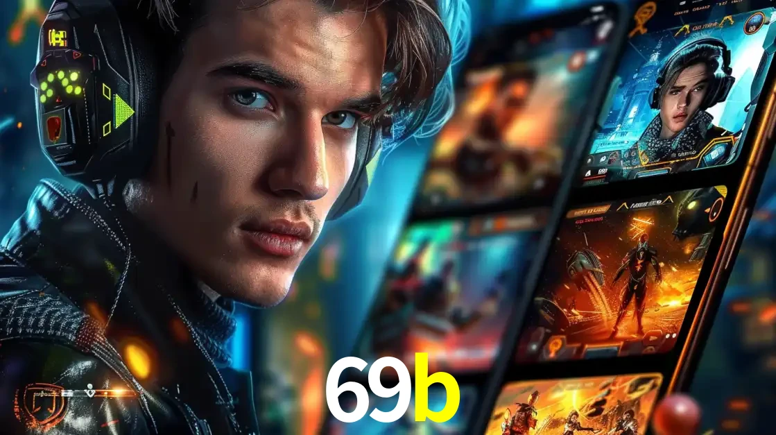 Jovem jogador com fones de ouvido olhando para a câmera, com um aplicativo de jogos e e-sports para celular ao fundo, pronto para a competição e apostas no 69b.