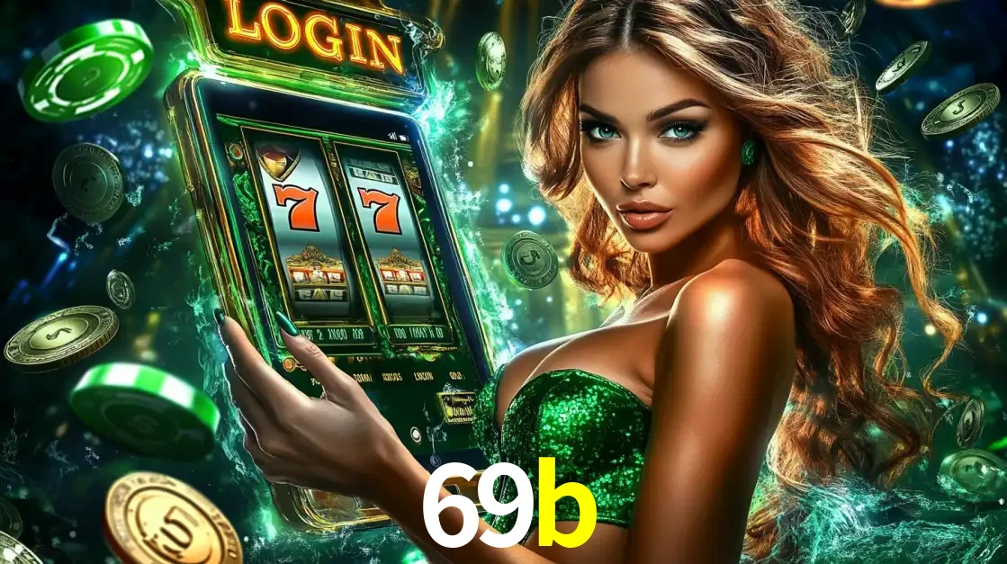 Mulher com tema verde apresentando o aplicativo do cassino 69b com um jogo de slot de 777, cercada por fichas de cassino e uma aura de sorte.