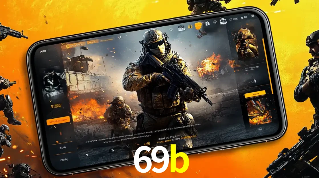 Um smartphone exibindo a interface de um jogo de tiro em primeira pessoa, com um soldado em um cenário de batalha, representando a ação dos e-sports para apostar no 69b.