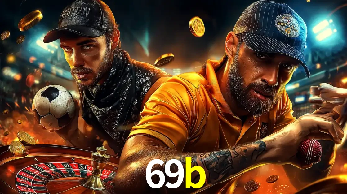 Montagem de apostas esportivas e cassino no 69b, com um homem segurando uma bola de futebol e outro uma de beisebol sobre uma roleta e moedas voadoras.