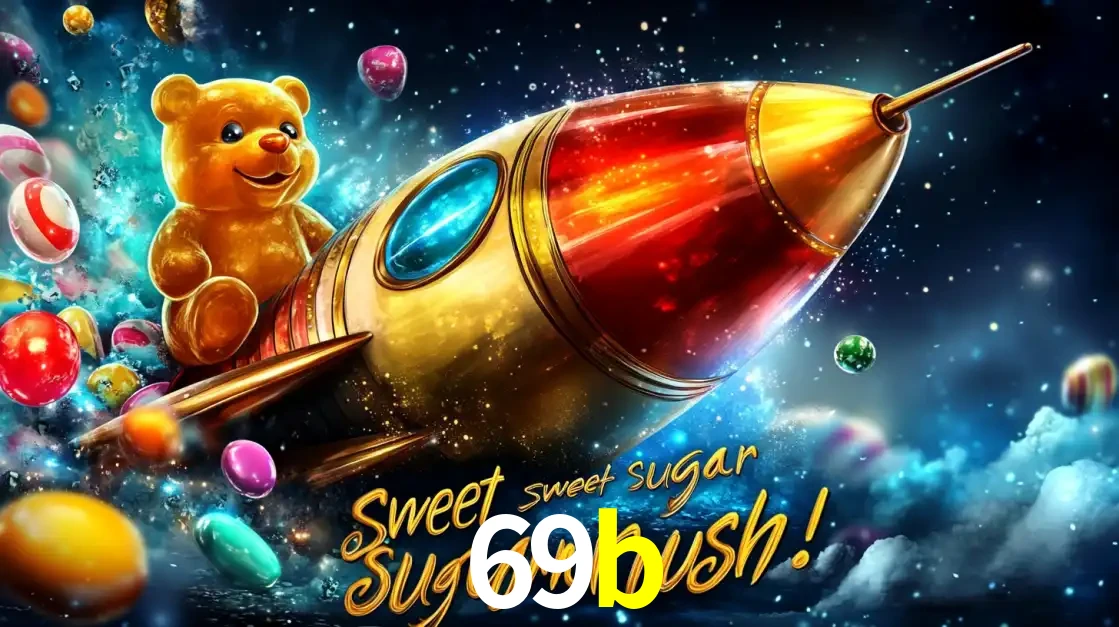 Arte promocional do jogo de slot Sugar Rush, com um urso de pelúcia em um foguete viajando pelo espaço de doces, um dos jogos divertidos disponíveis no cassino 69b.
