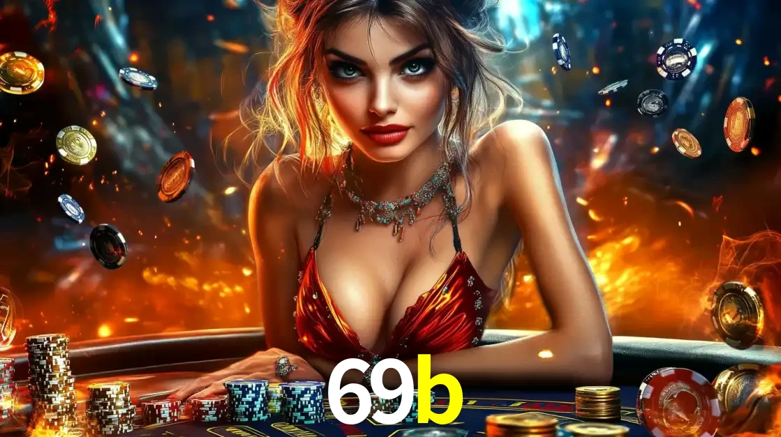 Mulher em uma mesa de cassino com pilhas de fichas e um fundo de fogo, pronta para uma rodada de altas apostas nos jogos de mesa emocionantes do cassino 69b.