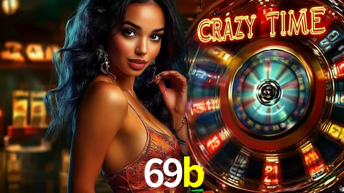 Mulher elegante ao lado da vibrante roda da fortuna do jogo de cassino ao vivo Crazy Time, um dos game shows mais populares e cheios de prêmios do 69b.