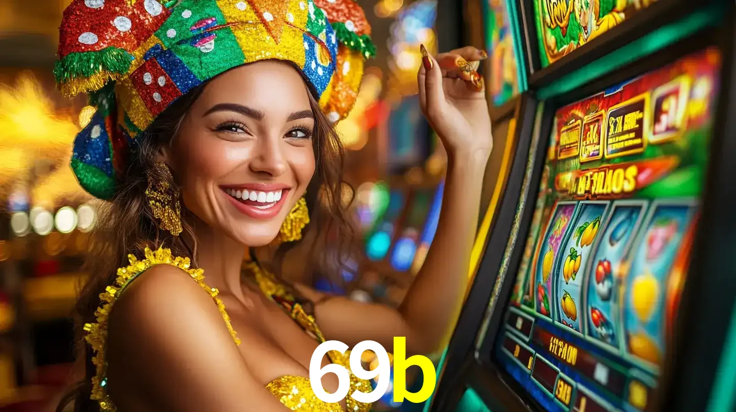 Mulher feliz com traje de carnaval amarelo e colorido ao lado de uma máquina de caça-níqueis, aproveitando a diversão e os jogos temáticos do cassino 69b.