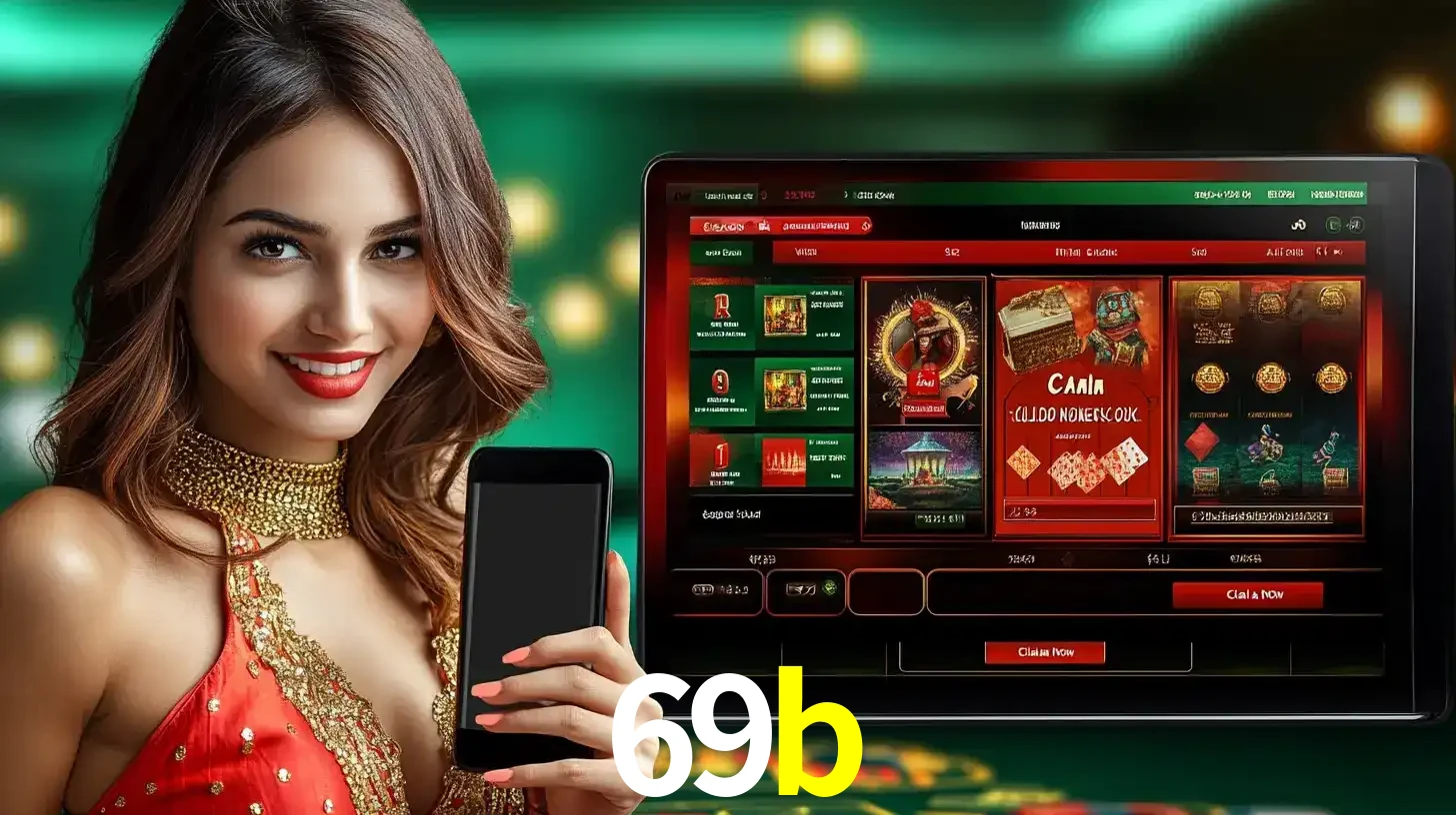 Mulher sorridente segurando um smartphone, ao lado de uma tela exibindo o lobby de jogos do cassino online 69b, com várias opções de jogos de cartas e slots.